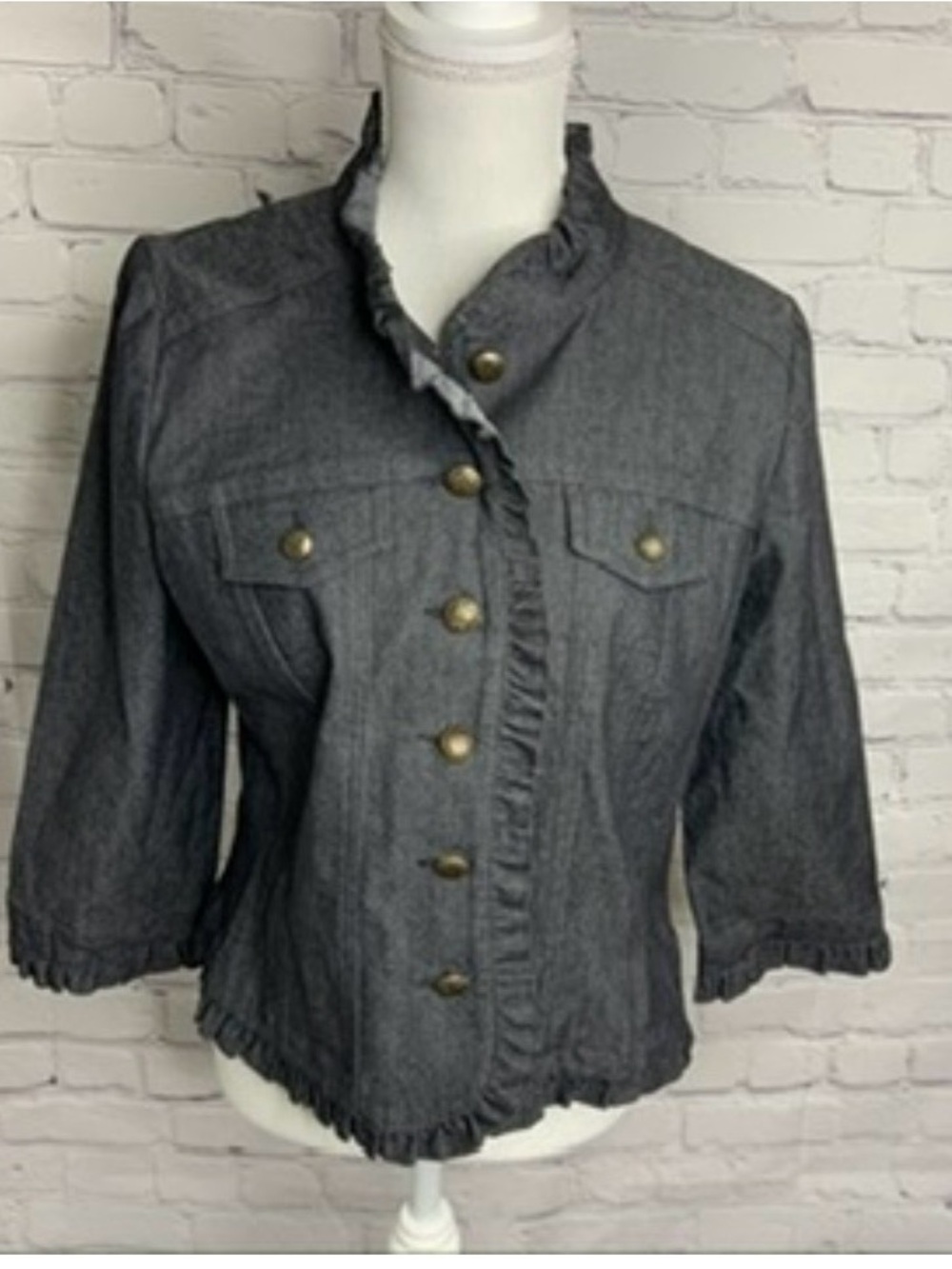 SANDRO Denim Ruffle 3/4 Sleeve Blazer Medium